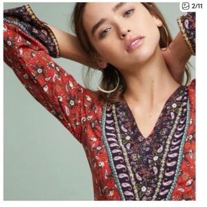 Elegant Paisley V-Neck Blouse in Red and Purple